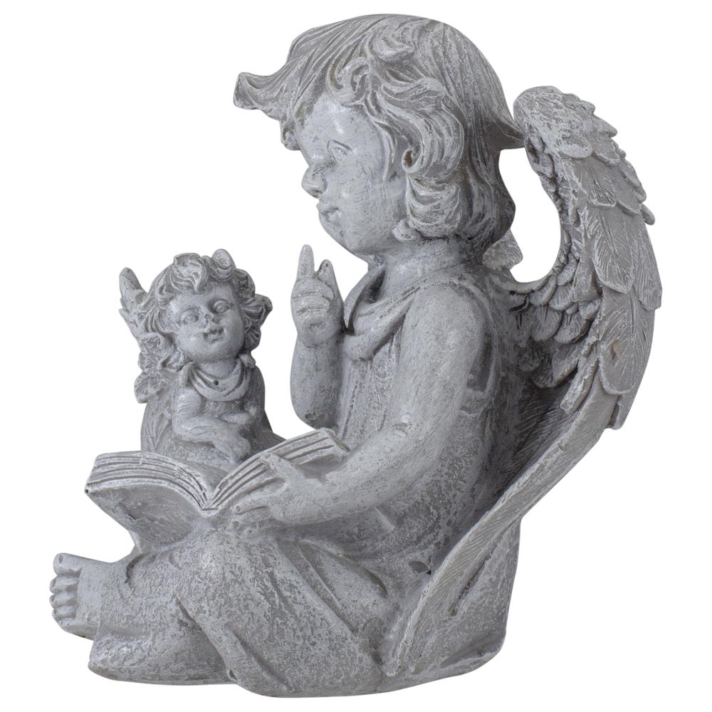 8.25" Gray Sitting Cherub Angels with Book Outdoor Patio Garden Statue. Picture 5