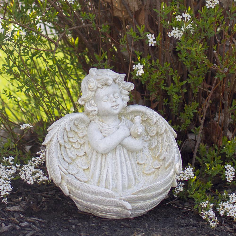 9" Ivory Cherub Angel Bird Feeder Outdoor Garden Patio Statue. Picture 2
