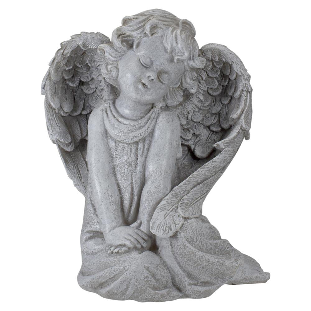 8.75" Gray Sitting Cherub Angel with Wings Outdoor Patio Garden Statue. Picture 1