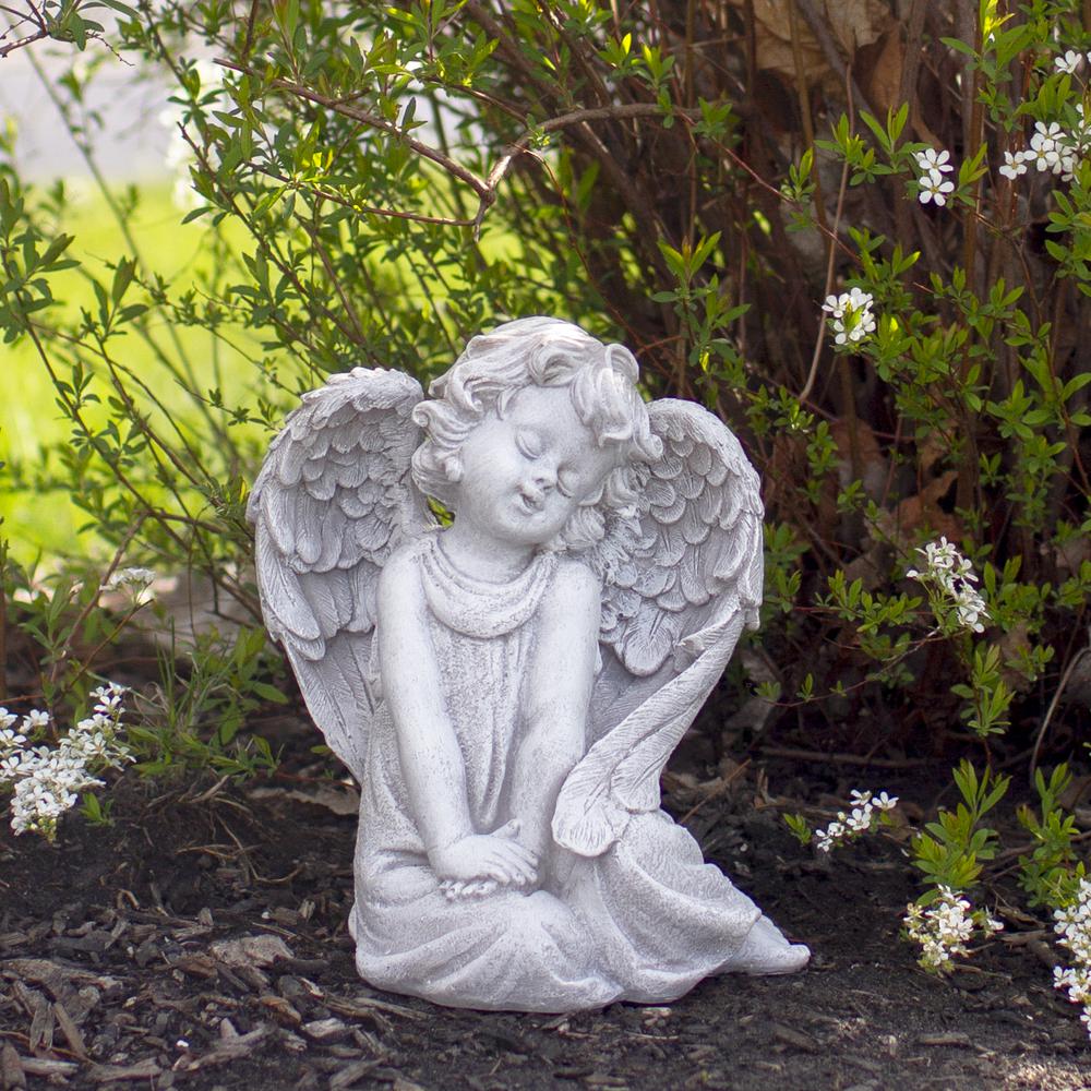 8.75" Gray Sitting Cherub Angel with Wings Outdoor Patio Garden Statue. Picture 2