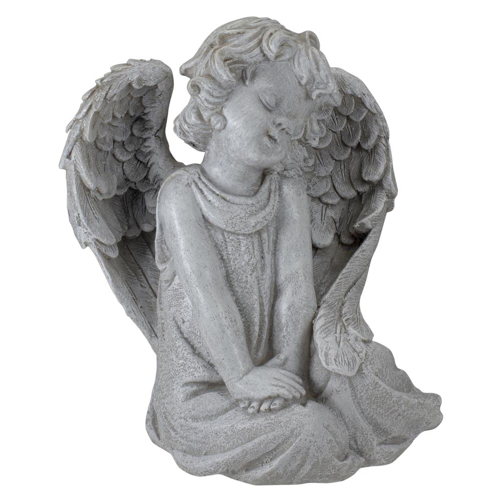 8.75" Gray Sitting Cherub Angel with Wings Outdoor Patio Garden Statue. Picture 3