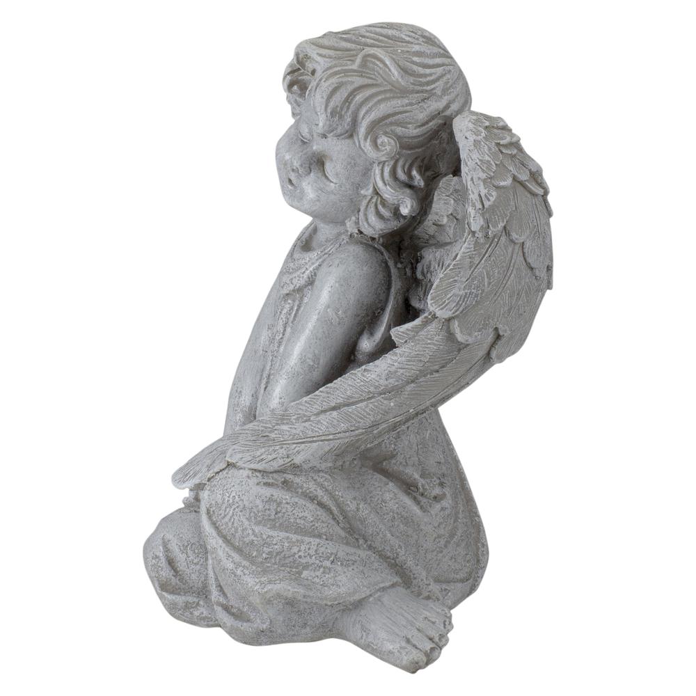 8.75" Gray Sitting Cherub Angel with Wings Outdoor Patio Garden Statue. Picture 5