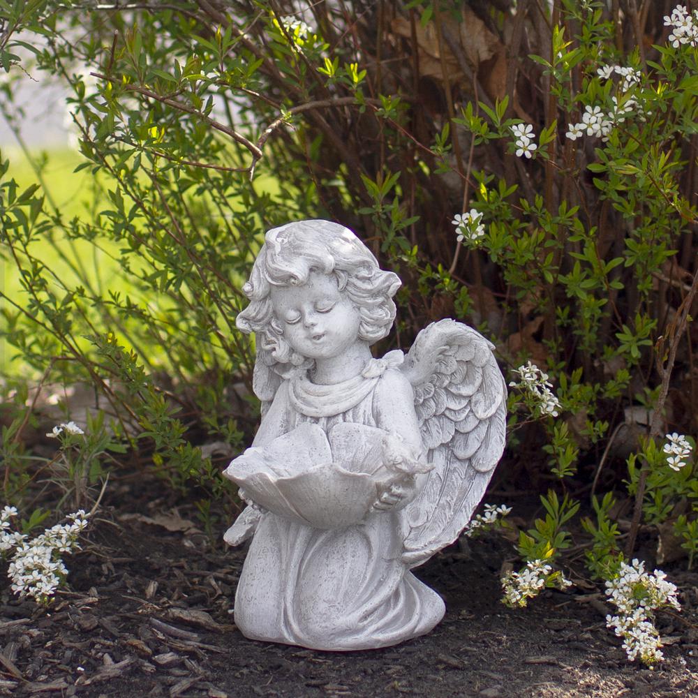 9" Kneeling Cherub Angel Bird Feeder Outdoor Garden Statue. Picture 2