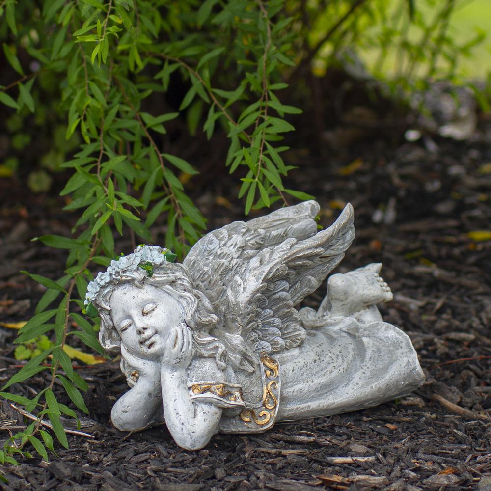 6" Gray Daydreaming Cherub Angel Outdoor Patio Garden Statue. Picture 2