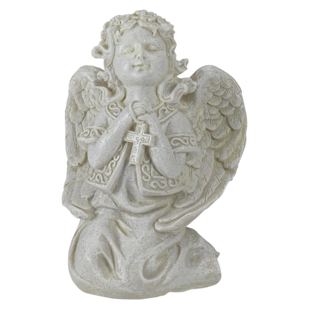 6.75" Ivory Praying Angel Holding a Cross Outdoor Patio Garden Statue. Picture 1