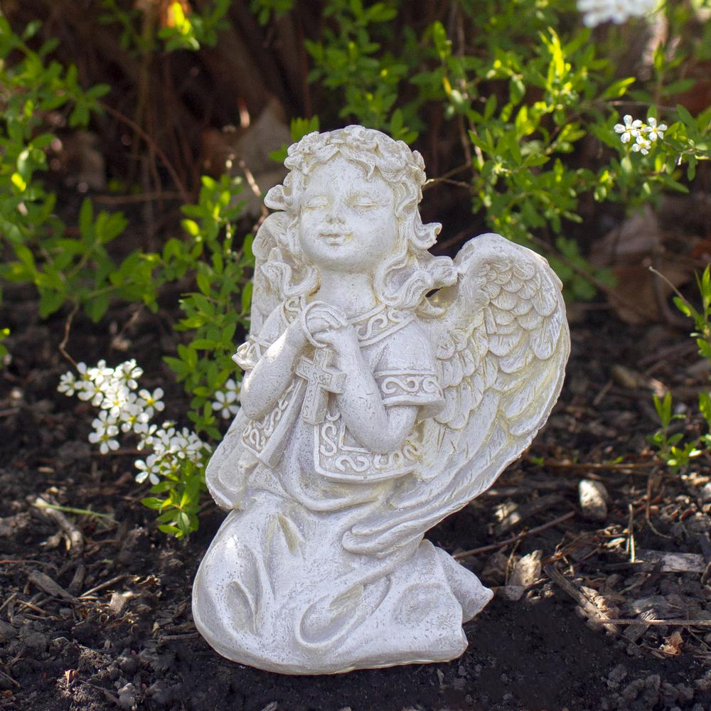 6.75" Ivory Praying Angel Holding a Cross Outdoor Patio Garden Statue. Picture 2