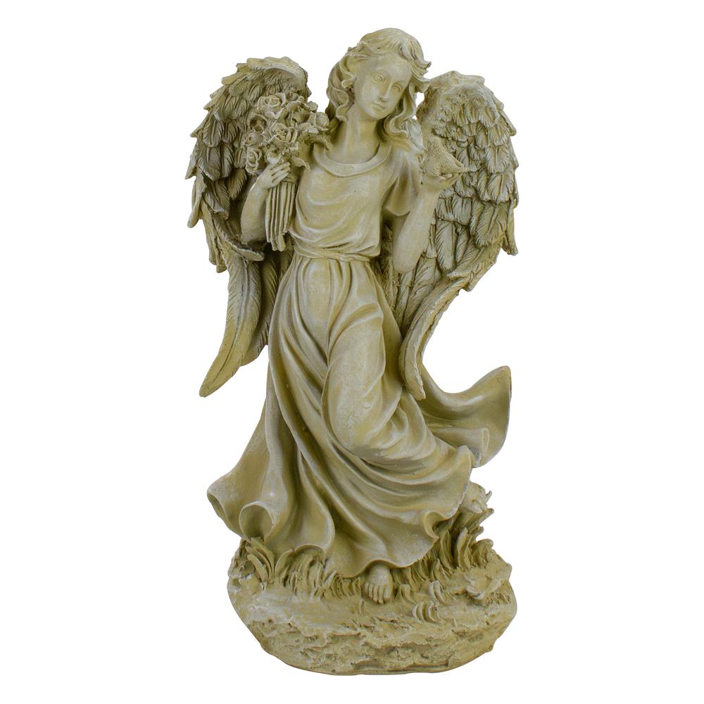 17.5" Ivory Angel with Bird and Bouquet Outdoor Patio Garden Statue. Picture 1