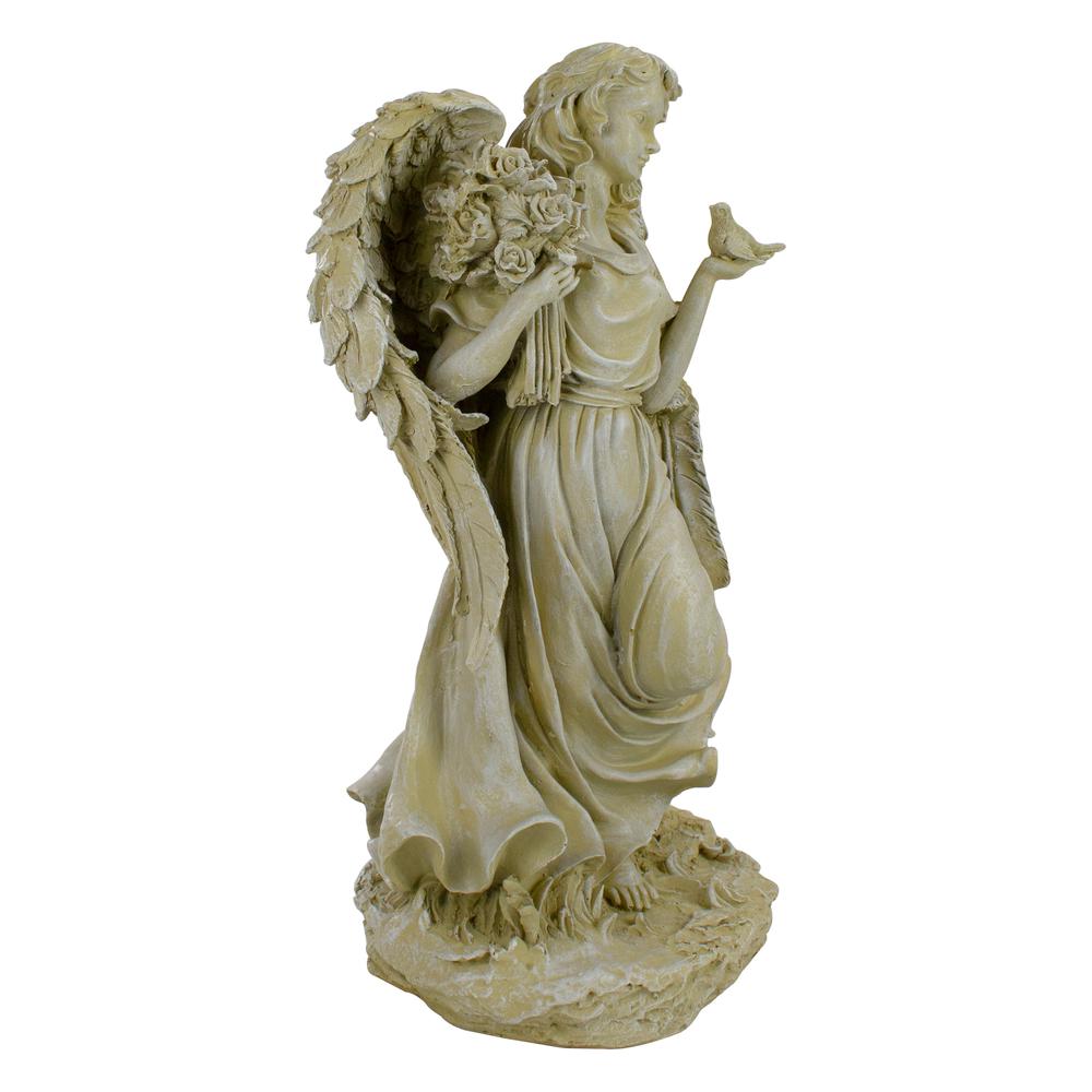 17.5" Ivory Angel with Bird and Bouquet Outdoor Patio Garden Statue. Picture 2