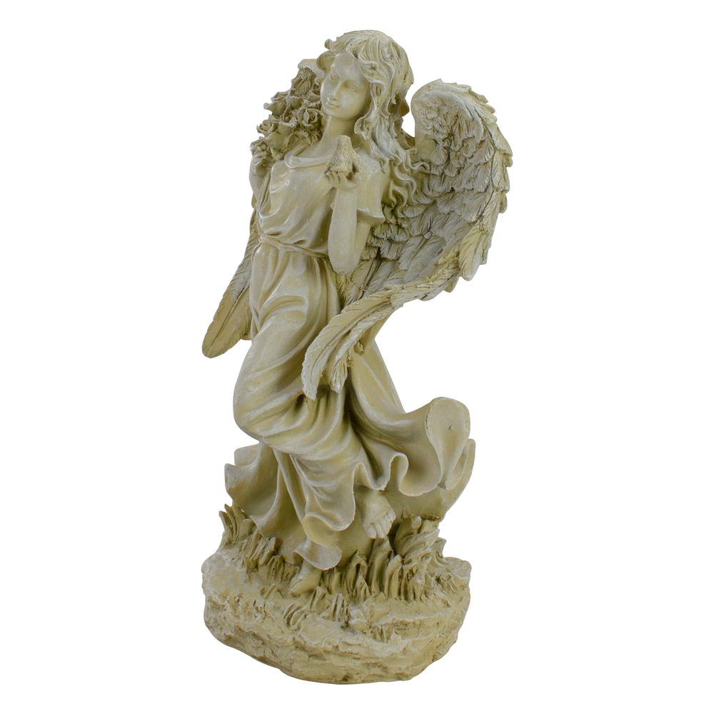 17.5" Ivory Angel with Bird and Bouquet Outdoor Patio Garden Statue. Picture 3