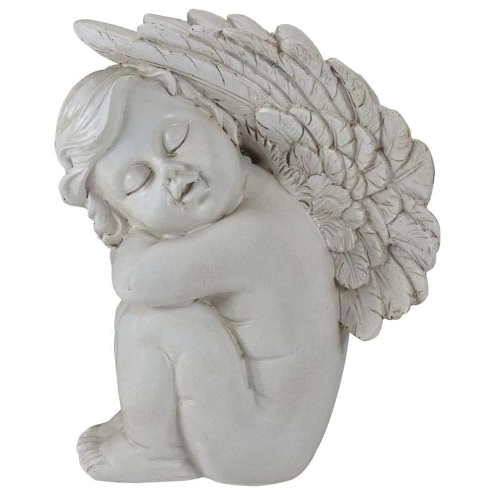 7.5" Ivory Left Facing Sleeping Cherub Angel Outdoor Patio Garden Statue. Picture 1