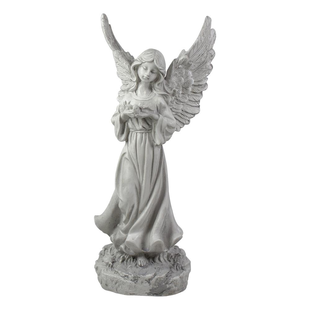 13" Weathered Gray Serene Angel with Dove Outdoor Patio Garden Statue. Picture 1