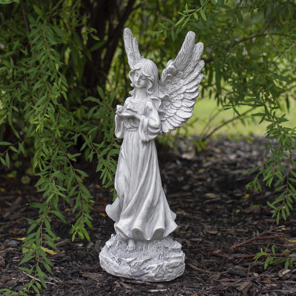 13" Weathered Gray Serene Angel with Dove Outdoor Patio Garden Statue. Picture 2