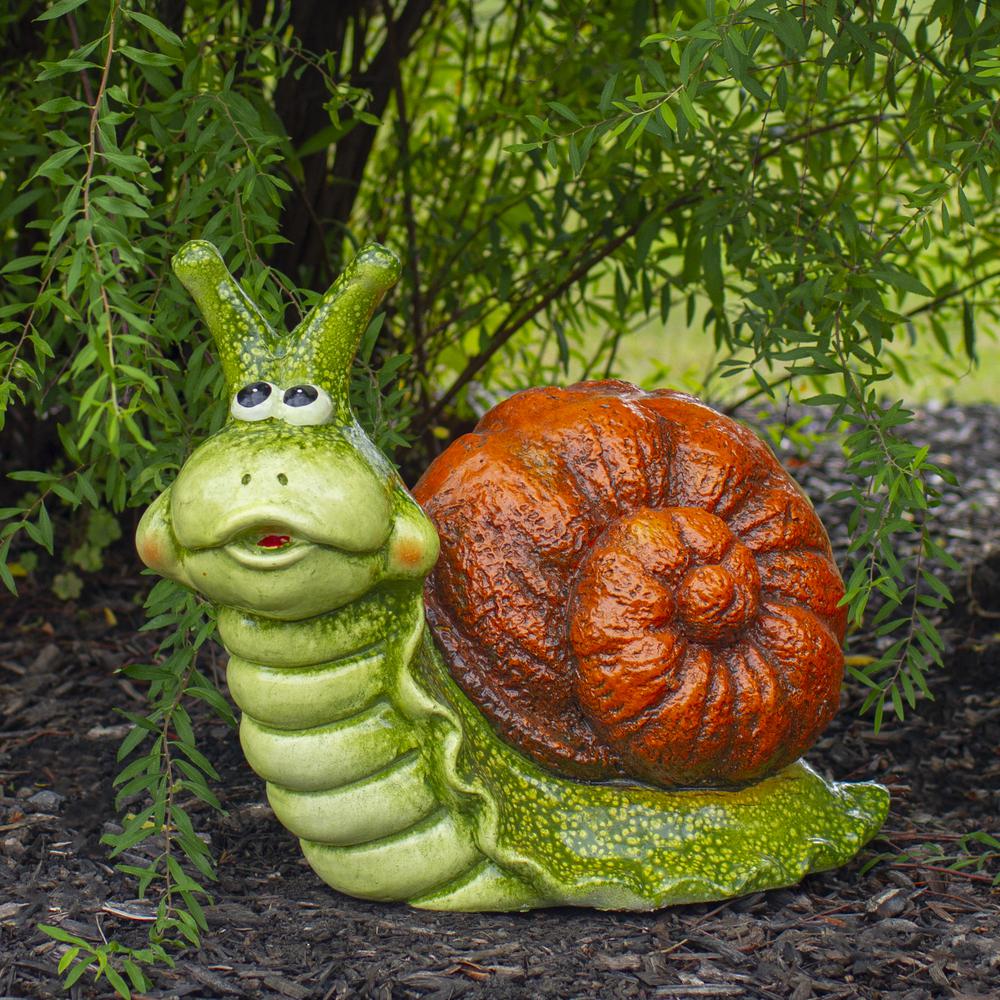 13.5" Green and Brown Snail Outdoor Garden Statue. Picture 2