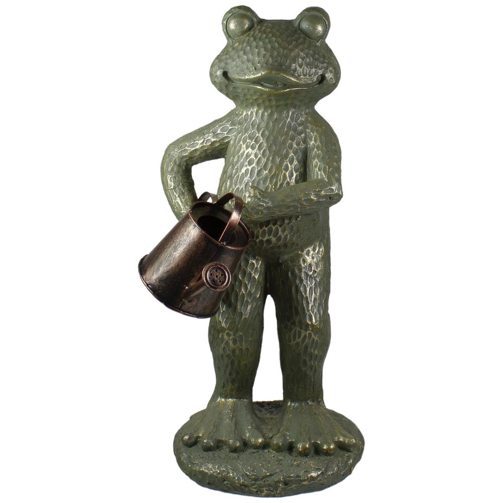 17" Gold Verdigris Frog with Watering Can Outdoor Garden Statue. Picture 1