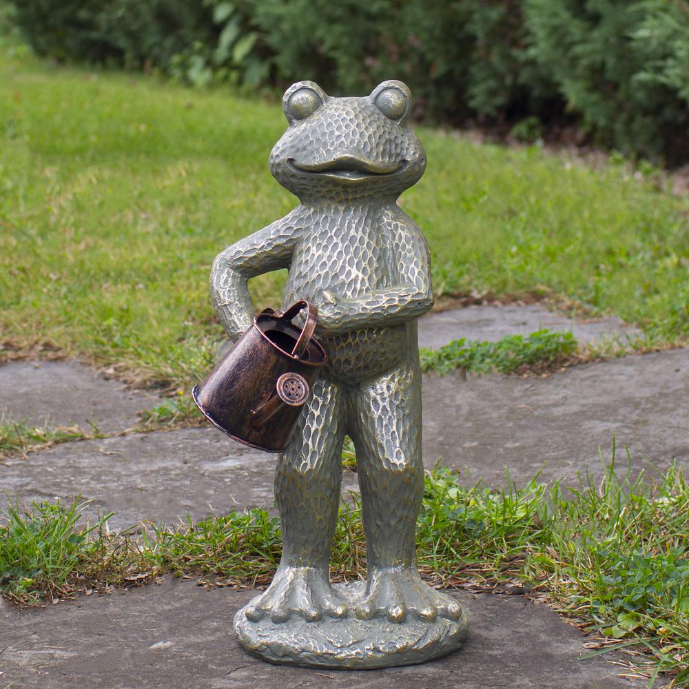 17" Gold Verdigris Frog with Watering Can Outdoor Garden Statue. Picture 2