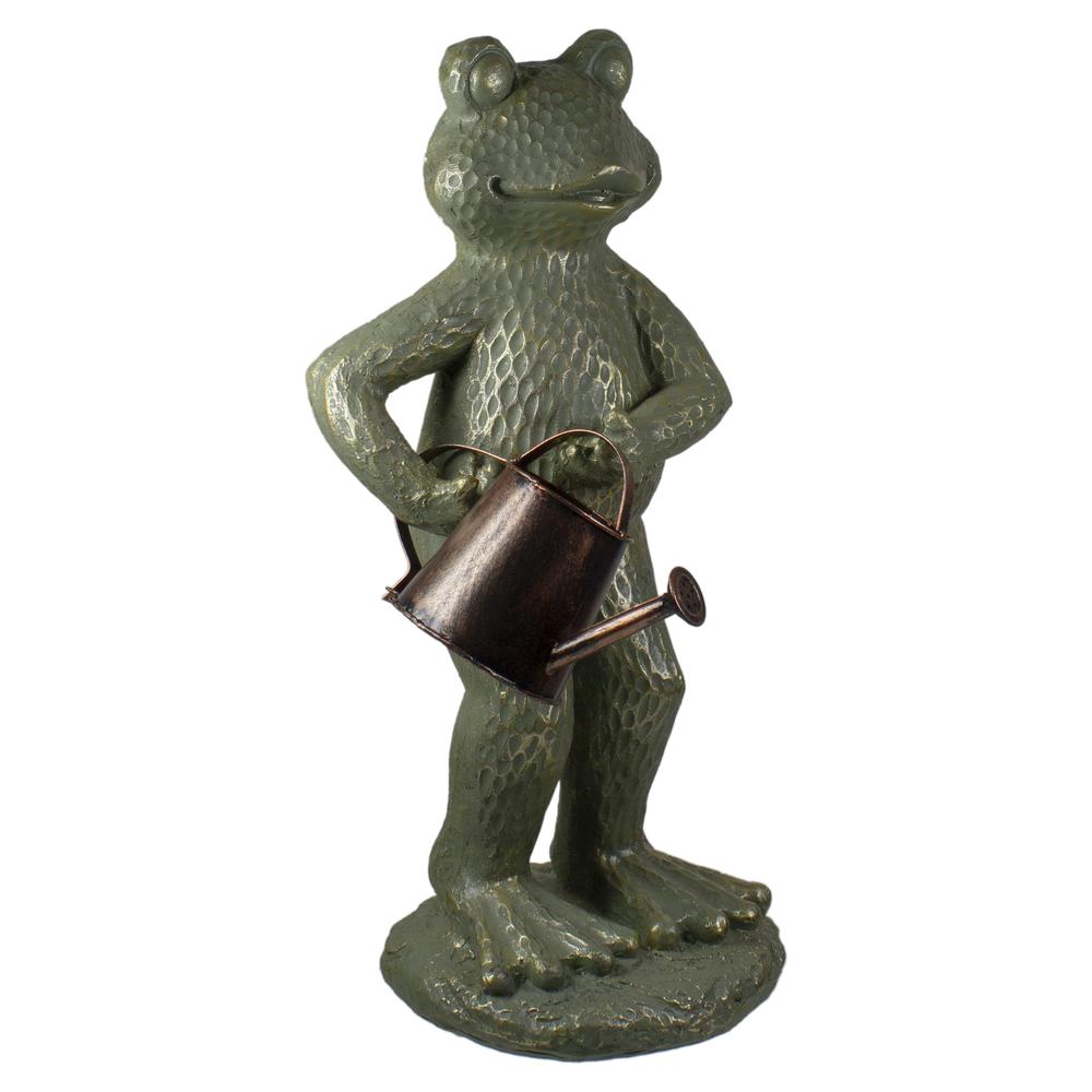 17" Gold Verdigris Frog with Watering Can Outdoor Garden Statue. Picture 3