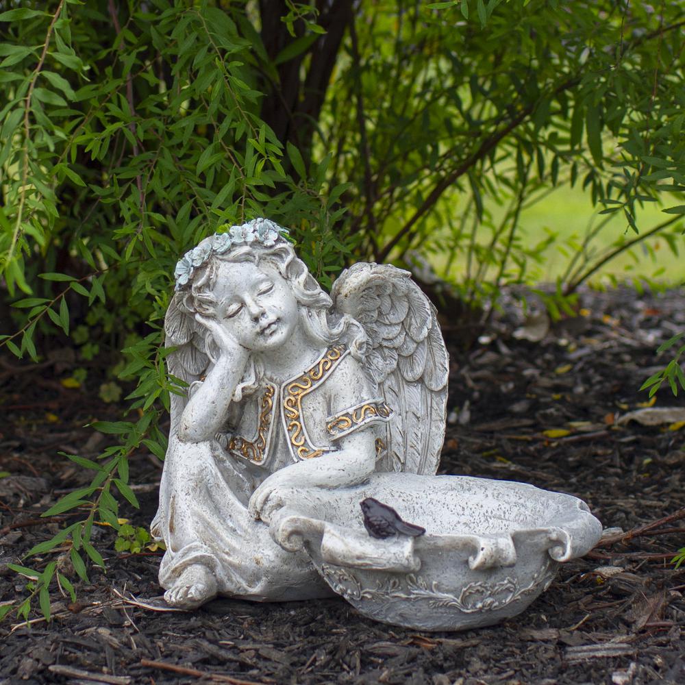 12" Gray Sitting Angel Bird Feeder Outdoor Garden Statue. Picture 2