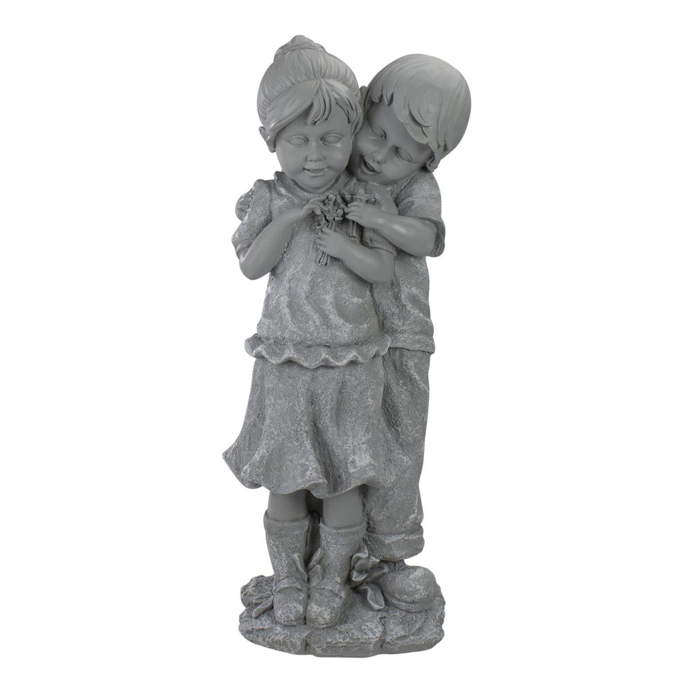 19.5" Gray Boy Hugging Girl Outdoor Garden Statue. Picture 1