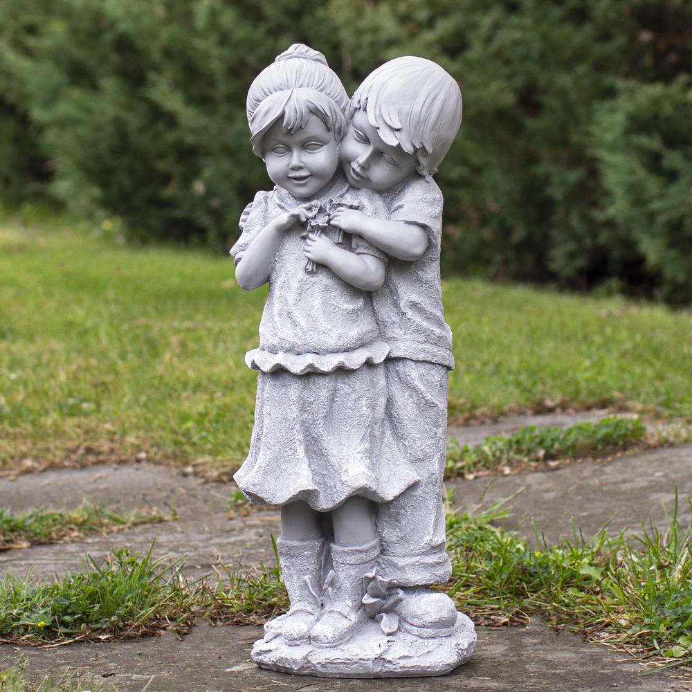 19.5" Gray Boy Hugging Girl Outdoor Garden Statue. Picture 2