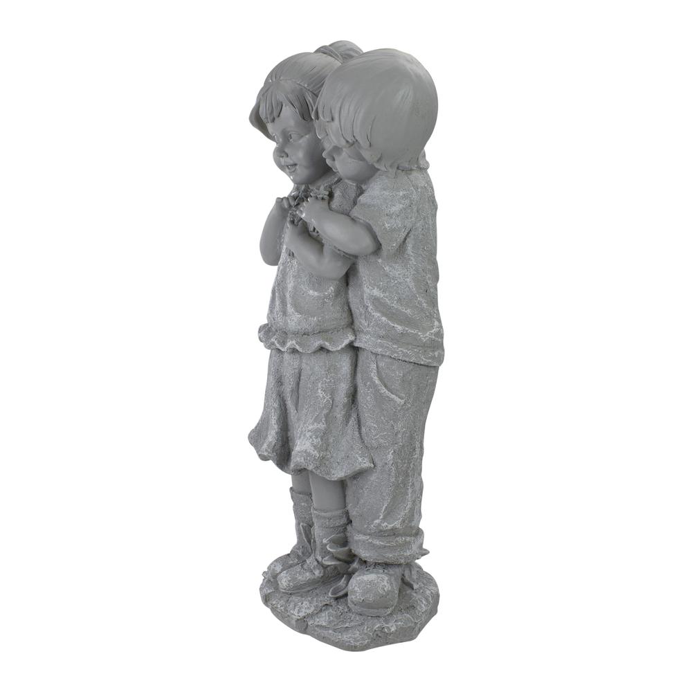 19.5" Gray Boy Hugging Girl Outdoor Garden Statue. Picture 5