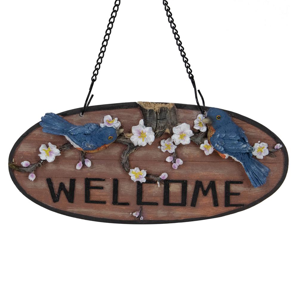 12" Hanging Welcome Sign with Bluebirds and Flowers. Picture 1