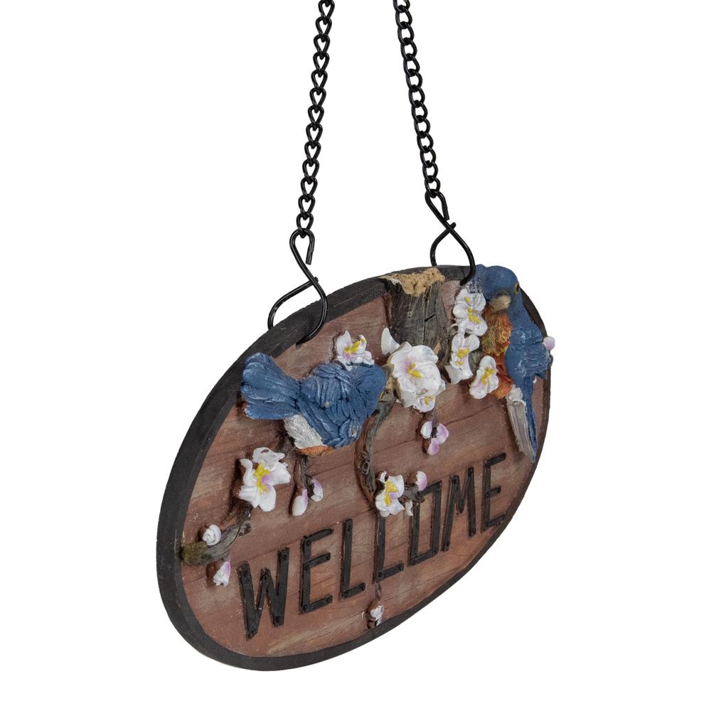 12" Hanging Welcome Sign with Bluebirds and Flowers. Picture 3