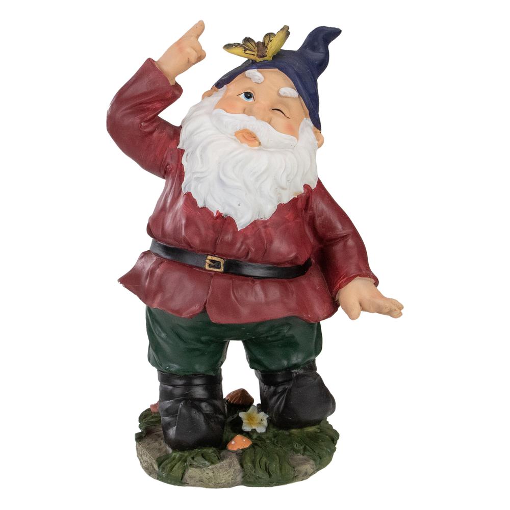 11" Red and Green Gnome with Butterfly Outdoor Garden Statue. Picture 1
