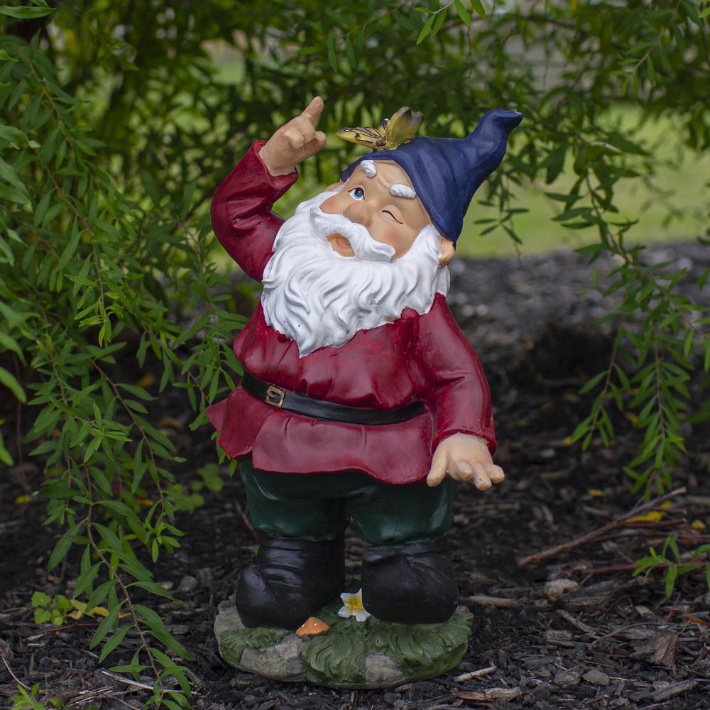 11" Red and Green Gnome with Butterfly Outdoor Garden Statue. Picture 2