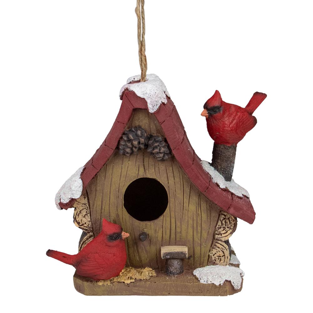 7" Brown and Red Christmas Birdhouse with Cardinals. Picture 1