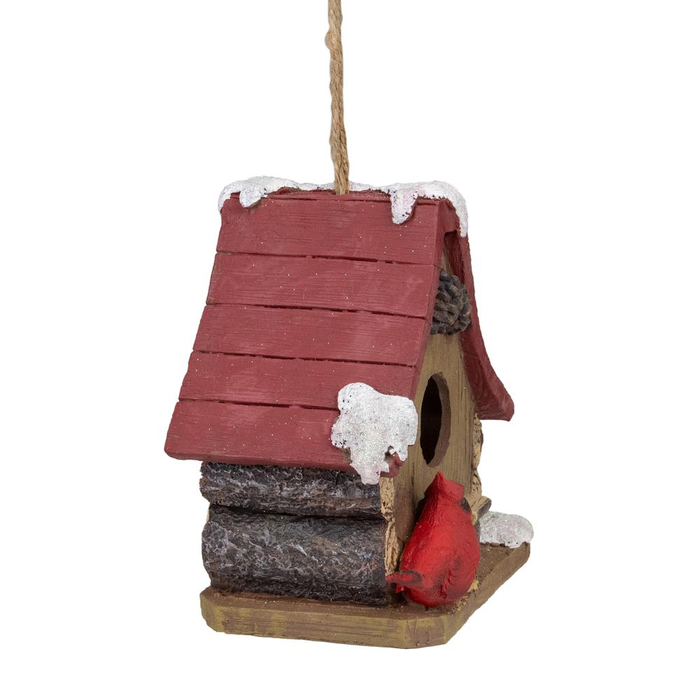 7" Brown and Red Christmas Birdhouse with Cardinals. Picture 2
