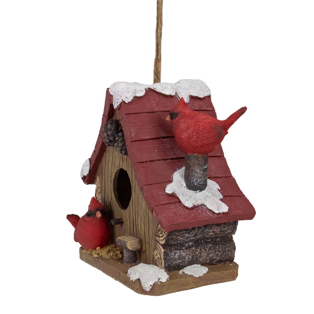 7" Brown and Red Christmas Birdhouse with Cardinals. Picture 4