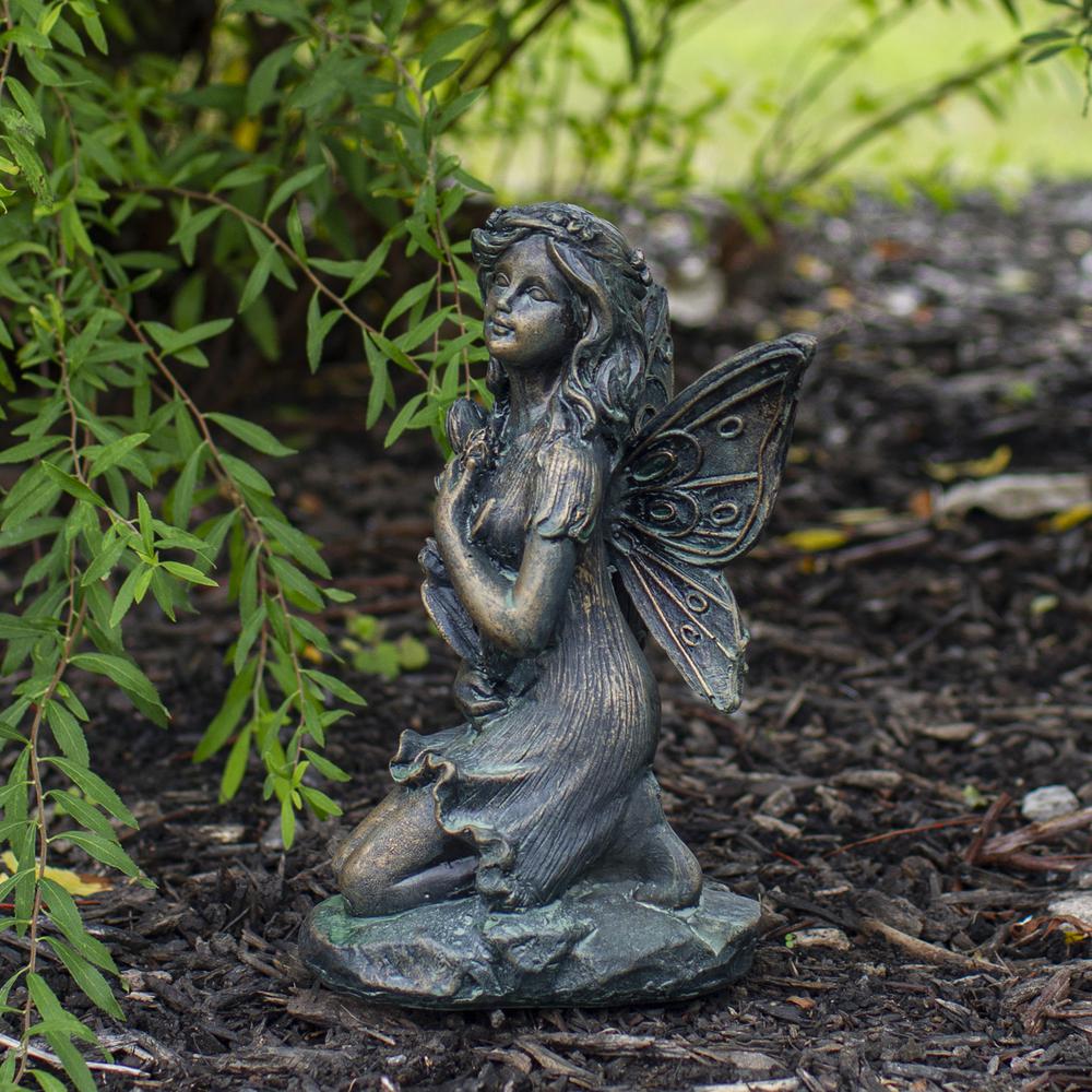 Set of 2 Bronze Kneeling Fairies With Flowers and a Butterfly Outdoor Garden Statues - 7". Picture 2