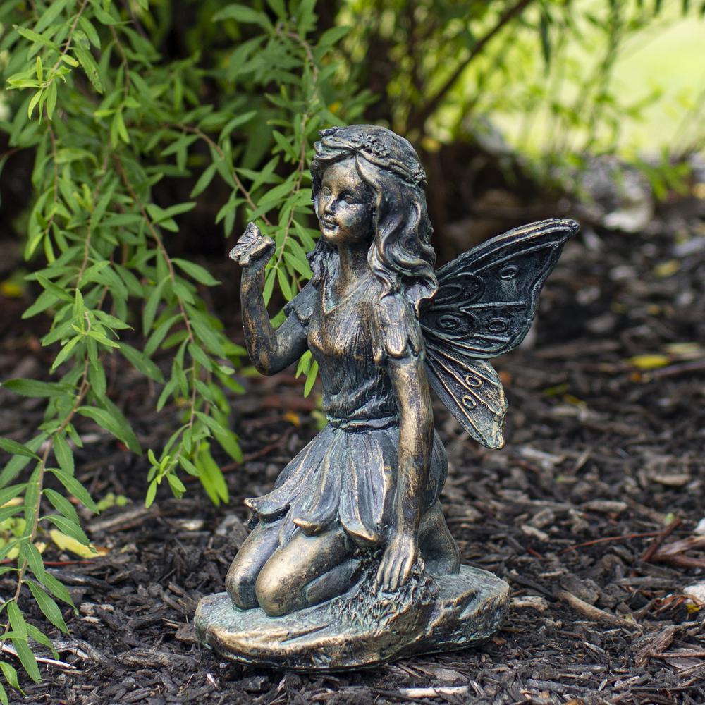 Set of 2 Bronze Kneeling Fairies With Flowers and a Butterfly Outdoor Garden Statues - 7". Picture 3