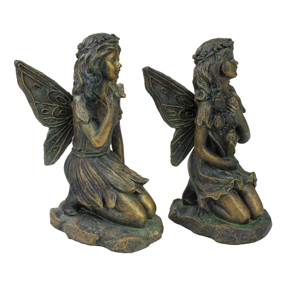 Set of 2 Bronze Kneeling Fairies With Flowers and a Butterfly Outdoor Garden Statues - 7". Picture 4
