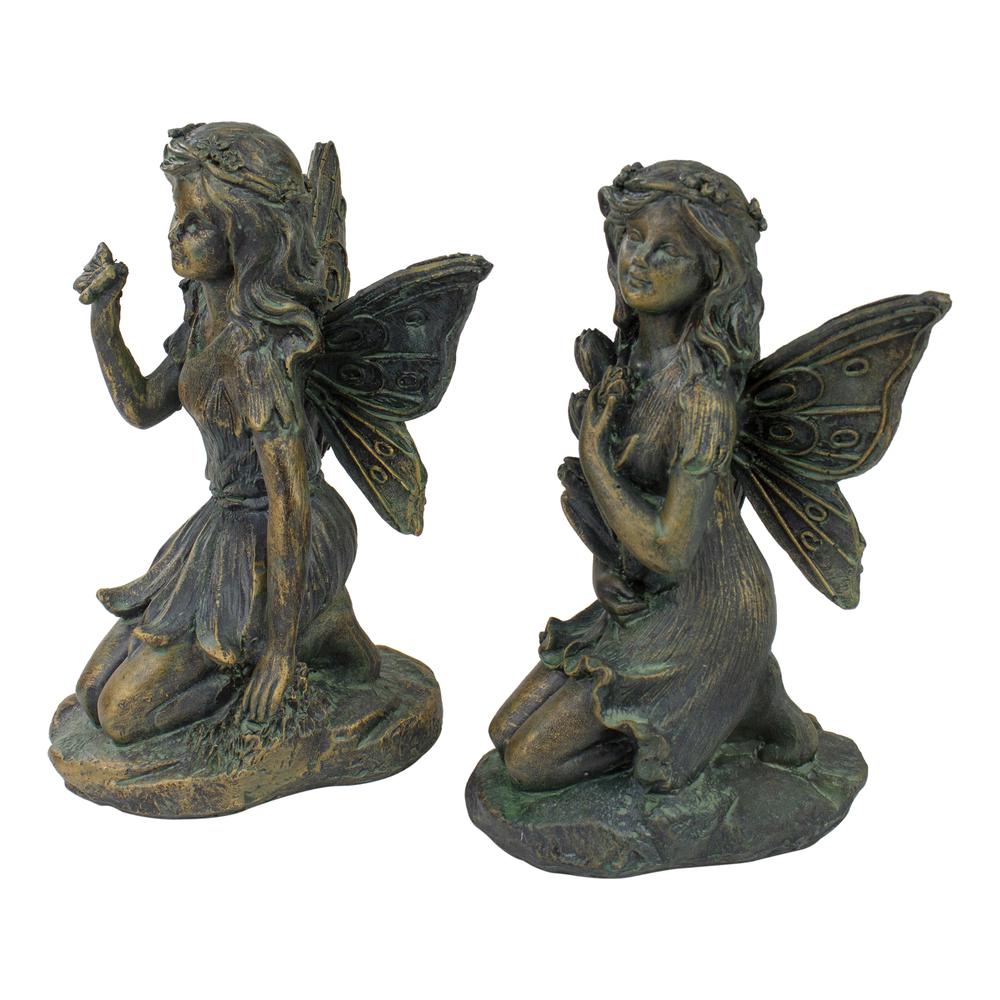 Set of 2 Bronze Kneeling Fairies With Flowers and a Butterfly Outdoor Garden Statues - 7". Picture 5