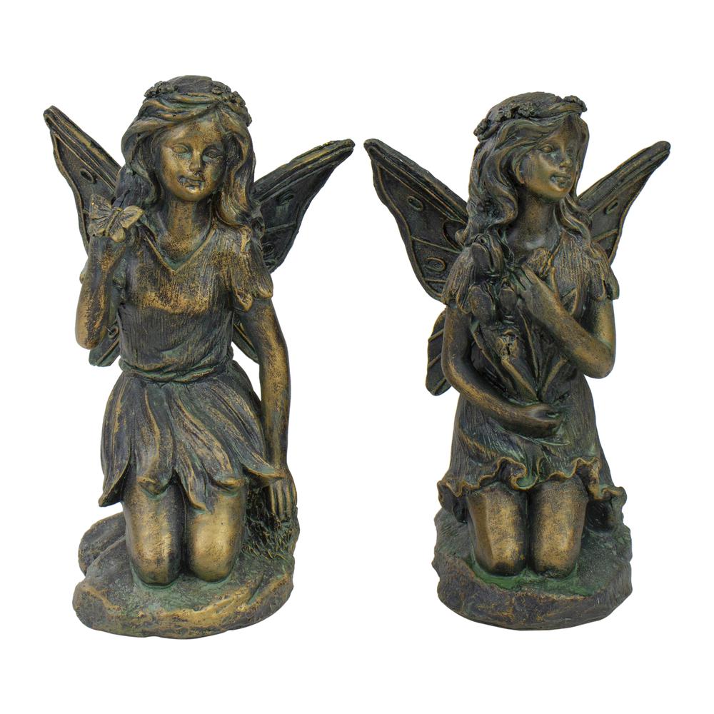 Set of 2 Bronze Kneeling Fairies With Flowers and a Butterfly Outdoor Garden Statues - 7". Picture 1