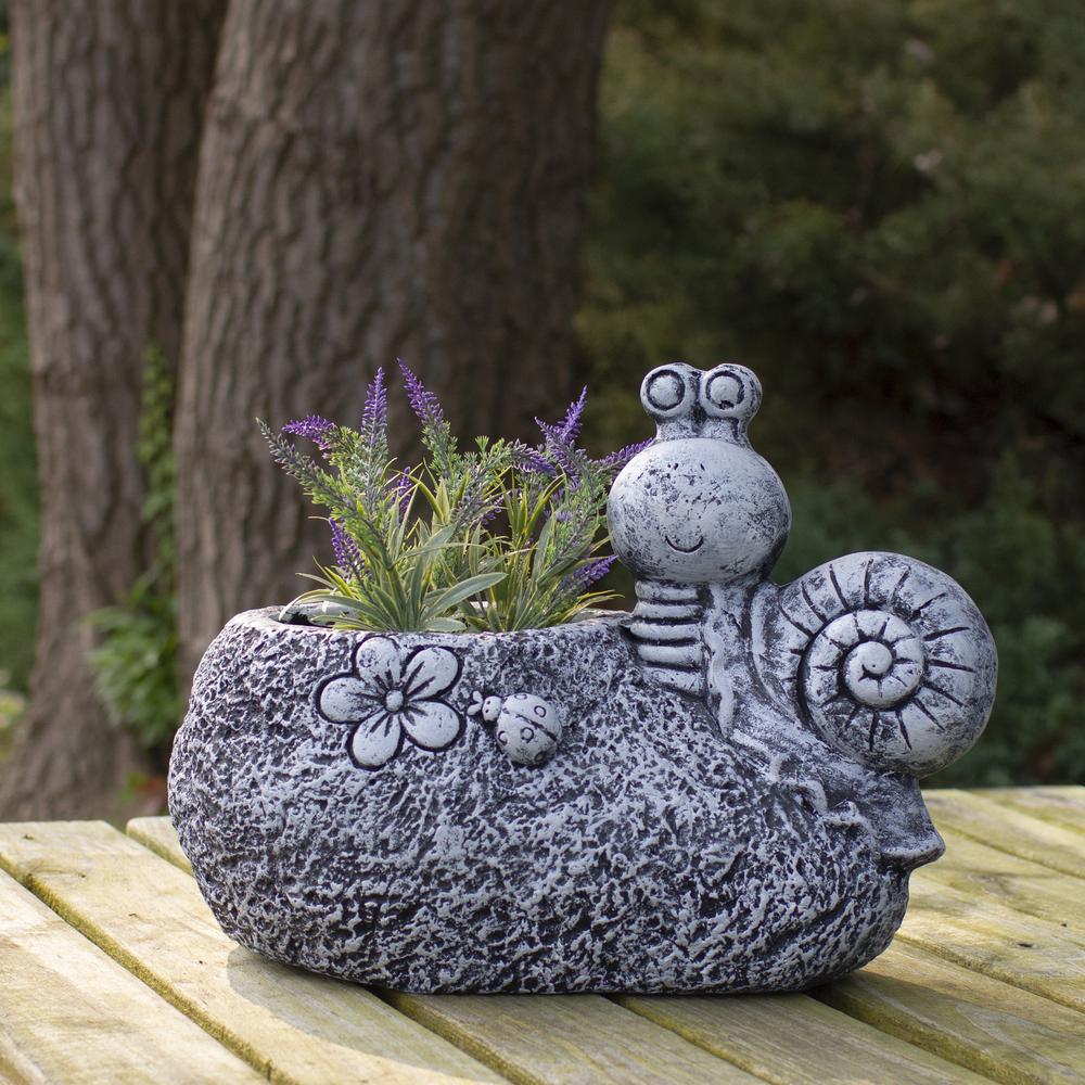 15.5" Gray Snail  Flower  and Ladybug Outdoor Garden Planter. Picture 2