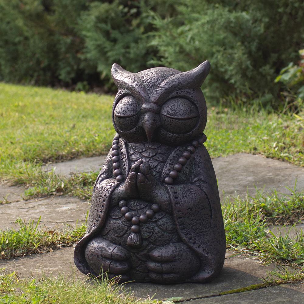 17" Dark Gray Meditating Buddha Owl Outdoor Garden Statue. Picture 2