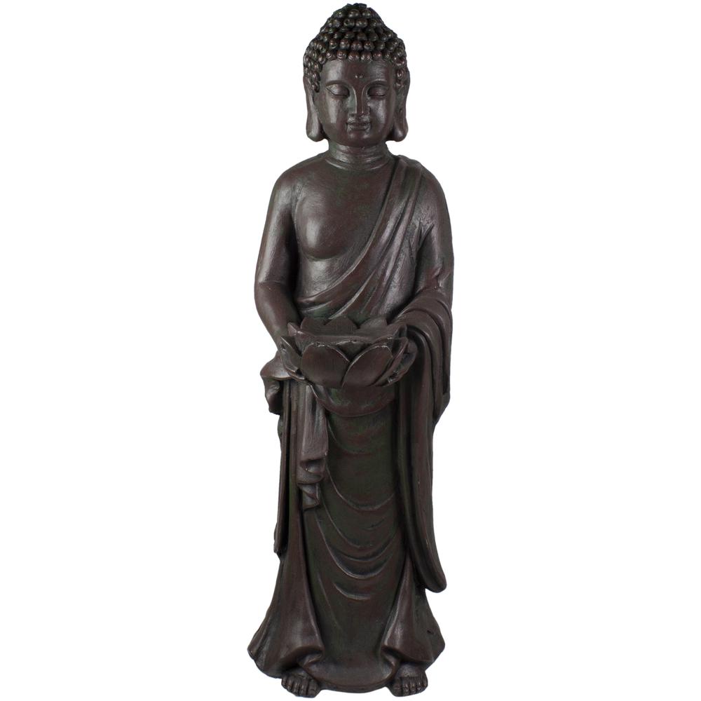 19.5" Gray Standing Buddha with Lotus Outdoor Garden Statue. Picture 1