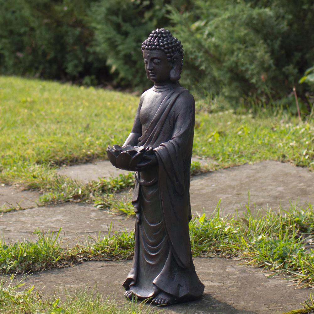 19.5" Gray Standing Buddha with Lotus Outdoor Garden Statue. Picture 2