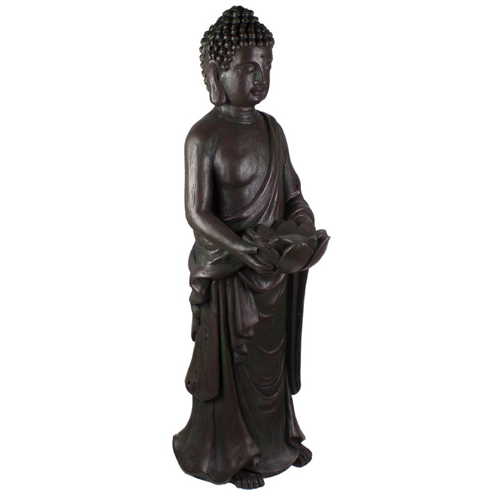 19.5" Gray Standing Buddha with Lotus Outdoor Garden Statue. Picture 3