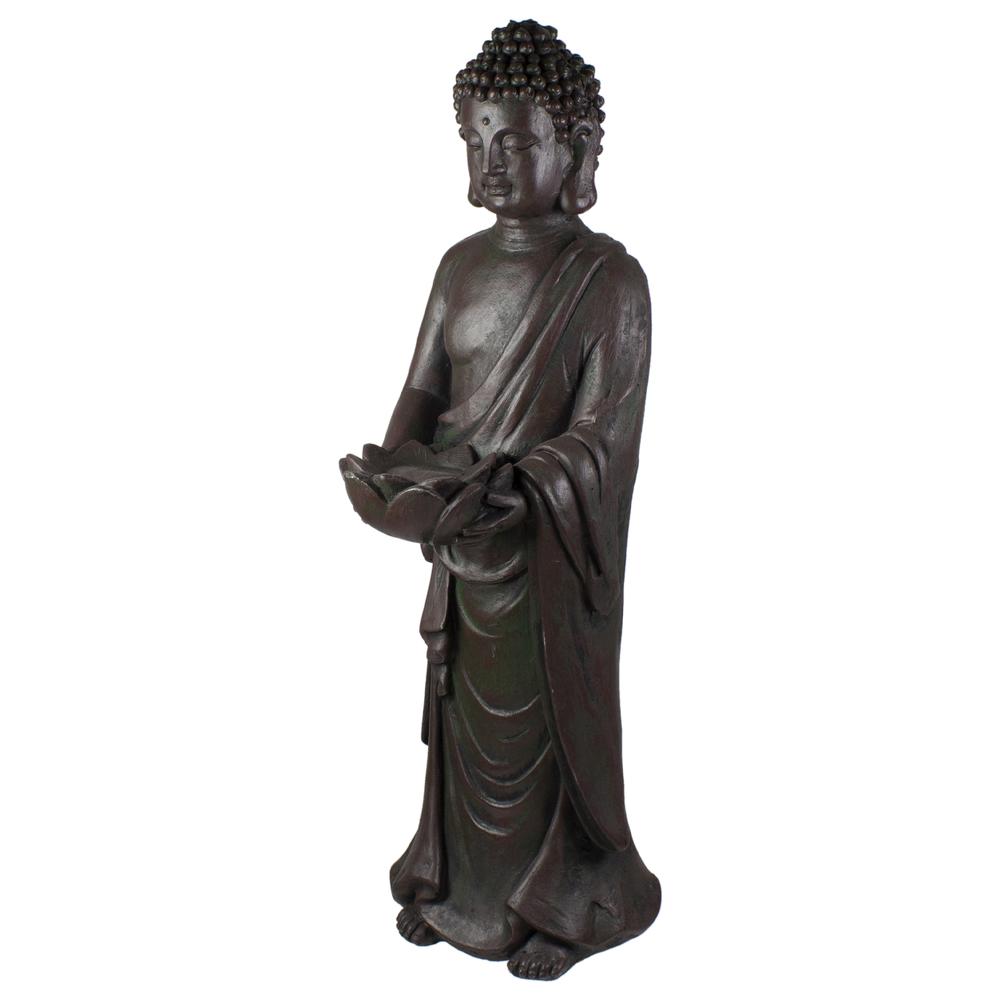 19.5" Gray Standing Buddha with Lotus Outdoor Garden Statue. Picture 5