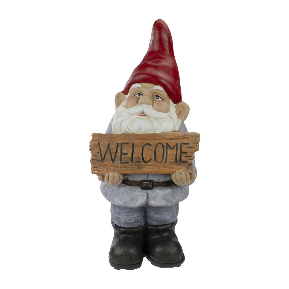 17" Gnome with Welcome Sign Outdoor Garden Statue. Picture 1