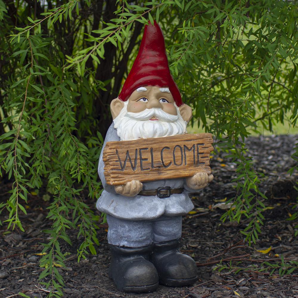 17" Gnome with Welcome Sign Outdoor Garden Statue. Picture 2
