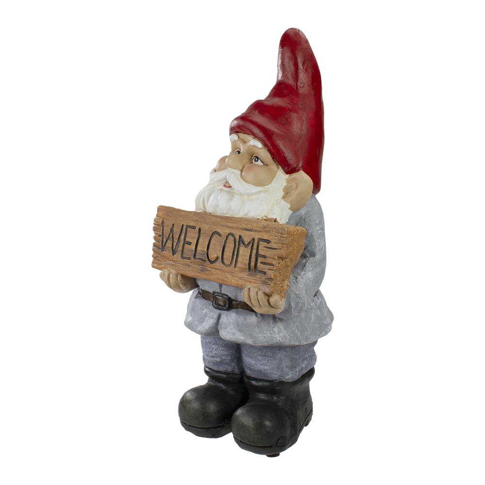 17" Gnome with Welcome Sign Outdoor Garden Statue. Picture 5