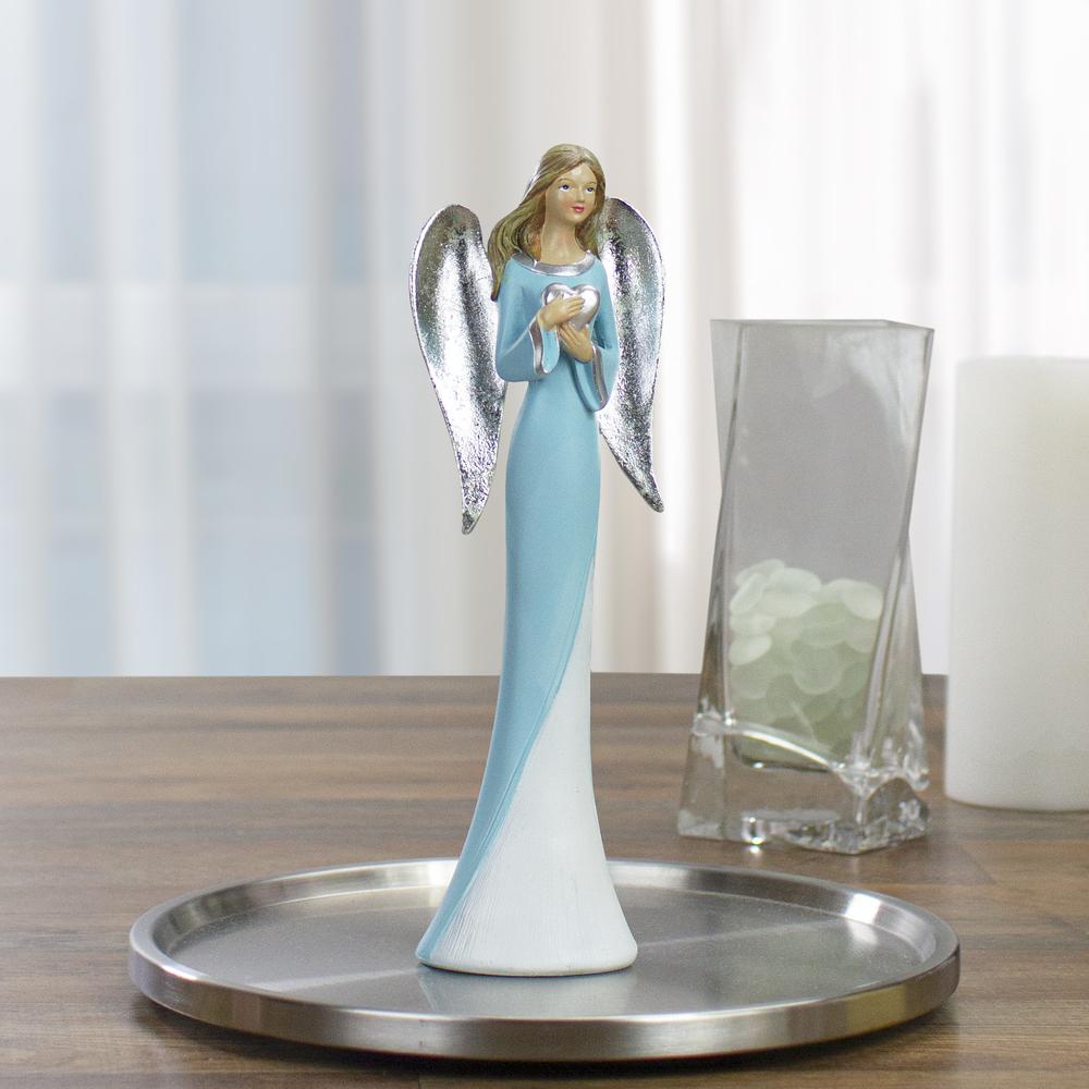 16" Blue and White Angel Figure Holding a Heart. Picture 2