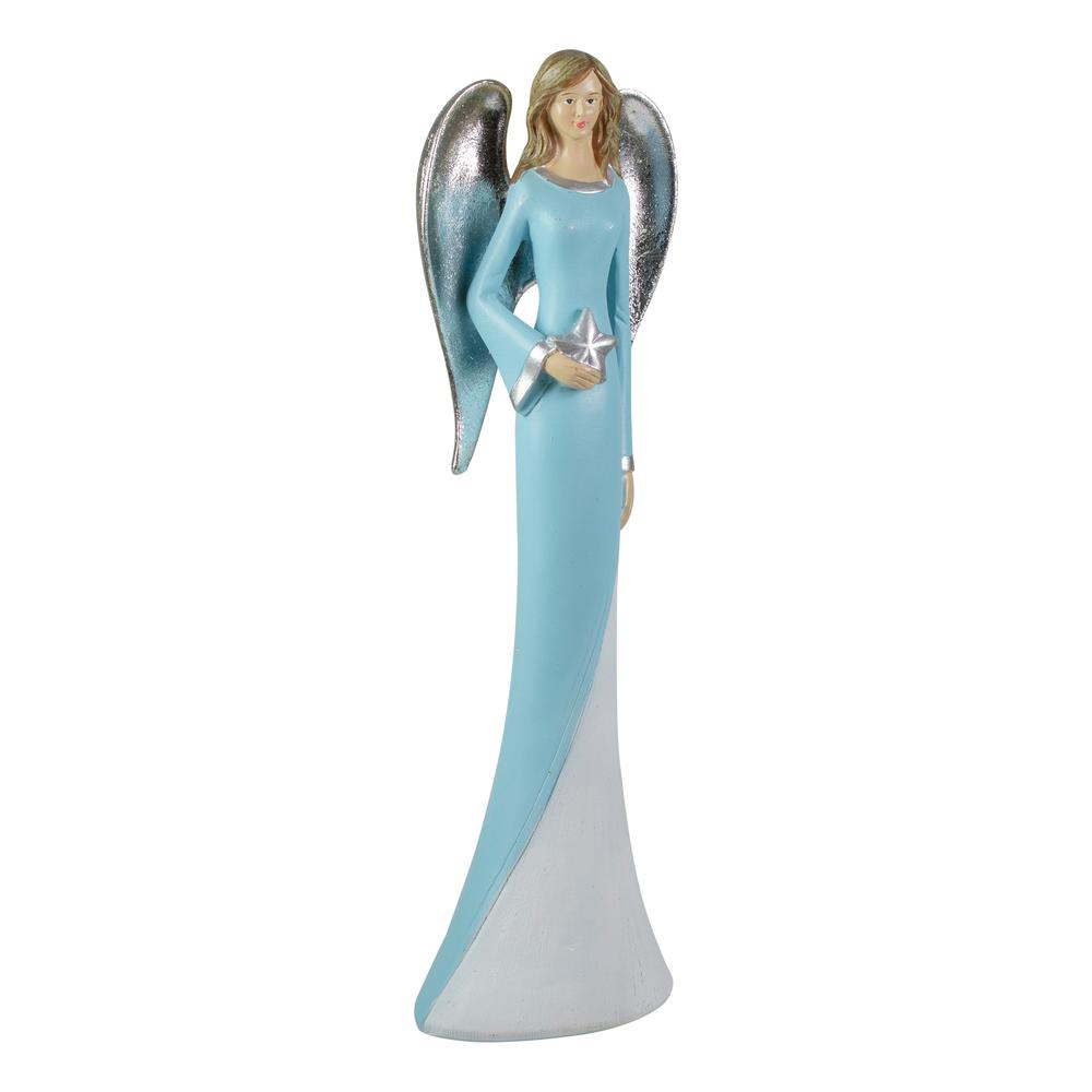 6.5" Blue and White Tabletop Angel Figurine Holding a Star. Picture 3