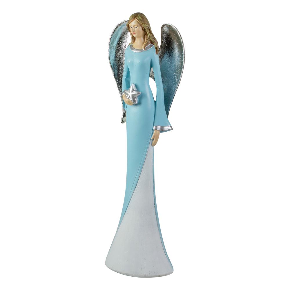 6.5" Blue and White Tabletop Angel Figurine Holding a Star. Picture 4