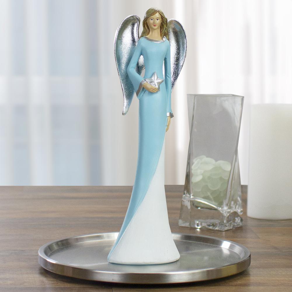 6.5" Blue and White Tabletop Angel Figurine Holding a Star. Picture 2