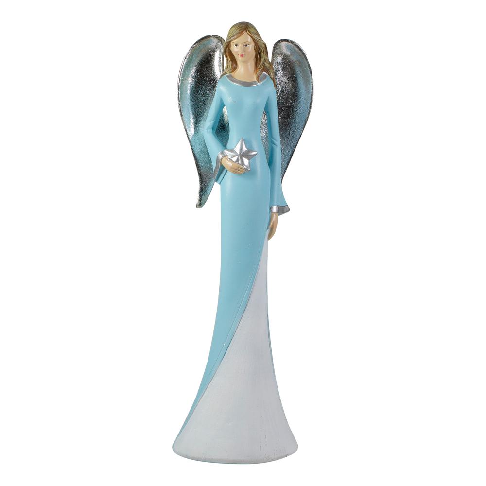 6.5" Blue and White Tabletop Angel Figurine Holding a Star. Picture 1